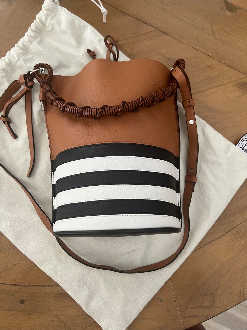 Loewe Brown, Black & White Striped leather Gate bucket Shoulder Bag